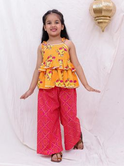 BownBee - Girls Orange Pure Cotton Tie-Up Top with Palazzo