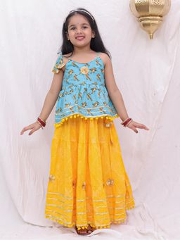 BownBee - Girls Blue Pure Cotton Parrot Printed Lehenga with Choli