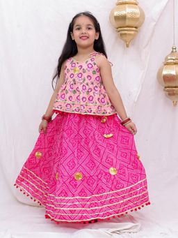 BownBee - Girls Baby Pink Pure Cotton Lion Printed Lehenga with Choli