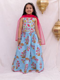 BownBee - Girls Blue Sleeveless Lehenga & Choli with Dupatta