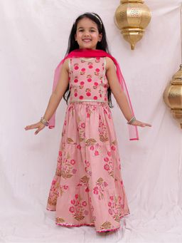 BownBee - Girls Pink Sleeveless Lehenga & Choli with Dupatta