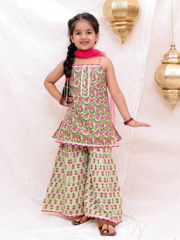 BownBee - Girls Green Pure Cotton Sleeveless Printed Kurti with Sharara and Dupatta