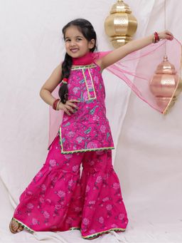 BownBee - Girls Pink Pure Cotton Sleeveless Printed Kurti with Sharara and Dupatta