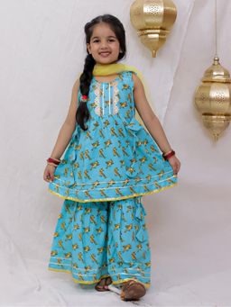 BownBee - Girls Blue Pure Cotton Sleeveless Printed Kurti with Sharara and Dupatta