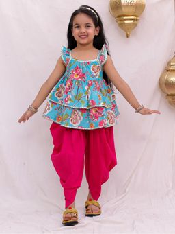 BownBee - Girls Blue Pure Cotton Ruffle Sleeve Printed Kurti with Dhoti Pant