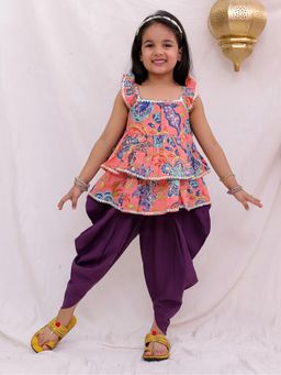 BownBee - Girls Peach Pure Cotton Ruffle Sleeve Printed Kurti with Dhoti Pant