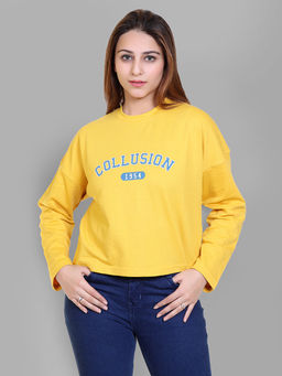 Club York - Women's Yellow Full Sleeve Typography Print Round Neck Sweatshirt