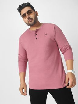 Urbano Plus - Mens Lilac Solid Henley Neck Regular Fit Full Sleeve Cotton T-shirt