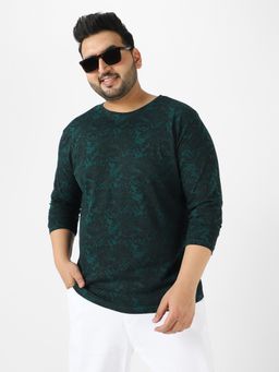 Urbano Plus - Mens Dark Green Printed Full Sleeve Regular Fit Cotton T-shirt