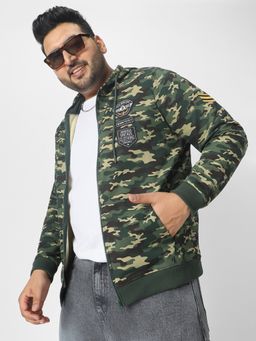 Urbano Plus - Mens Green Cotton Camouflage Printed Hooded Neck Sweatshirt
