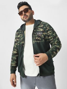 Urbano Plus - Mens Green Cotton Camouflage Printed Hooded Neck Sweatshirt
