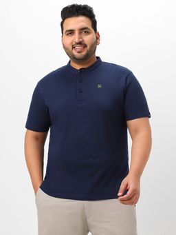 Urbano Plus - Men's Navy Blue Solid Mandarin Collar Regular Fit Cotton T-Shirt