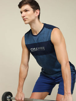 Technosport - Men Navy Blue Printed Slim Fit Round Neck Sports Technocool Tank Top