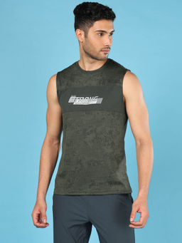 Technosport - Men Green Printed Slim Fit Round Neck Sports Technocool Tank Top