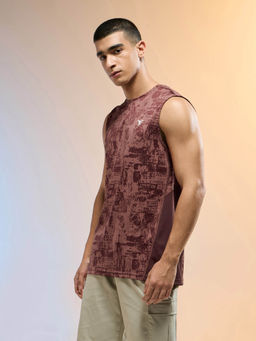 Technosport - Men Brown Jacquard Slim Fit Round Neck Double Cool Sports Tank Top