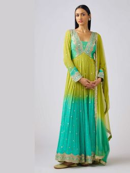 Basanti Kapde aur Koffee - Lime Georgette Embroidered Anarkali and Dupatta