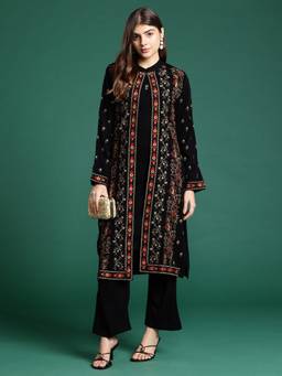 CAYMAN - Women Black Floral Wool Kurta and Pant with Jacket