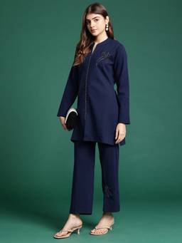 CAYMAN - Women Navy Blue Embellished/Sequined Wool Tunic, Pant