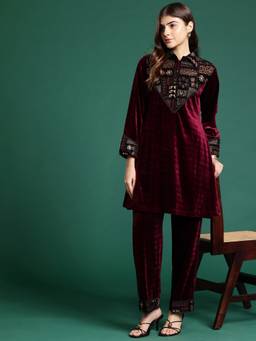 CAYMAN - Women Burgundy Embellished/Sequined Wool Tunic, Pant