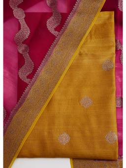 KALKI FASHION - Mustard Printed Banarasi Silk Unstitched Suit and Bottom with Dupatta