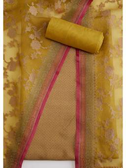KALKI FASHION - Mustard Printed Banarasi Silk Unstitched Suit and Bottom with Dupatta