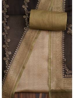 KALKI FASHION - Brown Printed Tissue Unstitched Kurta and Bottom and Duppatta