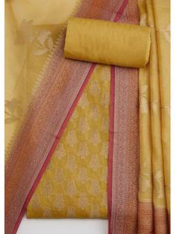 KALKI FASHION - Mustard Printed Banarasi Silk Unstitched Suit and Bottom with Dupatta