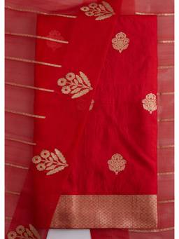 KALKI FASHION - Red Printed Banarasi Silk Unstitched Suit and Bottom with Dupatta