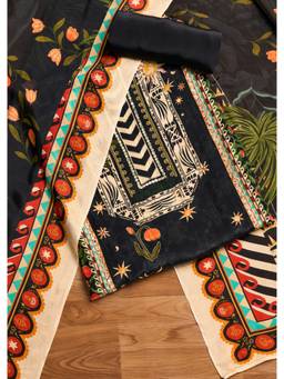 KALKI FASHION - Black Printed Crepe Unstitched Kurta and Bottom with Dupatta