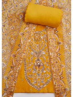 KALKI FASHION - Women Mustard Embroidered Crepe Unstitched Suit, Dupatta