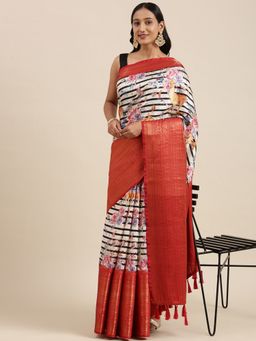 Vastranand - Off White & Black Striped Banarasi Saree with Unstitched Blouse