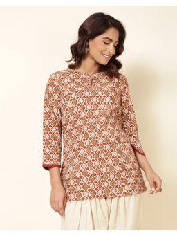 Fabindia - Beige Cotton Printed Women Short Kurta