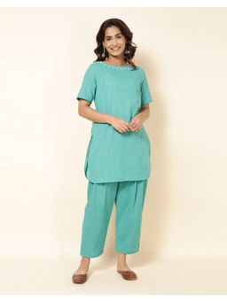 Fabindia - Blue Cotton Solid Women Kurta with Salwar (Set of 2)