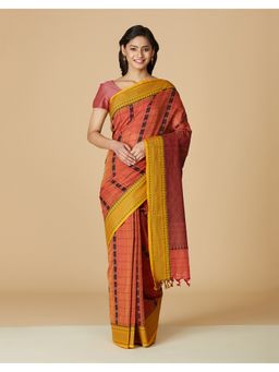 Fabindia - Red Cotton Woven Saree without Blouse