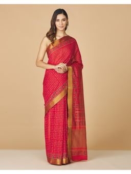 Fabindia - Red Cotton Hand Block Printed Saree without Blouse