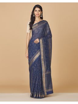 Fabindia - Navy Cotton Hand Block Printed Saree without Blouse