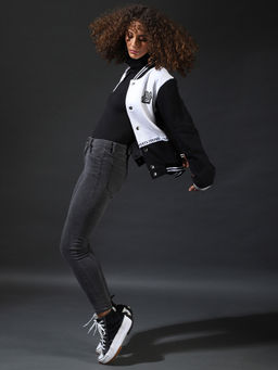 Campus Sutra - White Women Colorblock Stylish Casual Varsity Sweatshirts