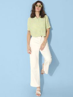 ONLY - Women Checks Viscose Loose Fit Crop Length Yellow Shirt