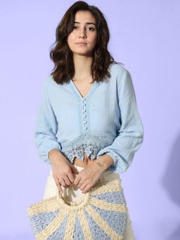 ONLY - Women Self Design Cotton Crop Length Blue Top