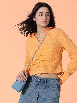 ONLY - Women Self Design Polyester Orange Crop Top
