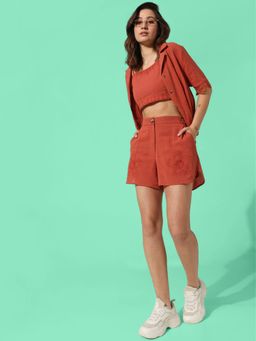 ONLY - Women Self Design Cotton High Rise Loose Fit Brown Mini Shorts