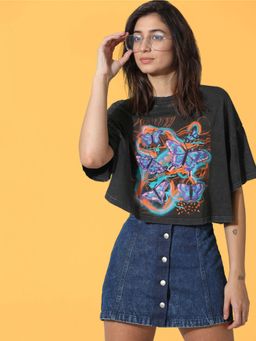 ONLY - Women Printed Cotton Crop Length Boxy Fit Black T-Shirt