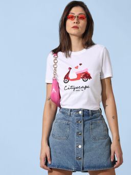 ONLY - Women Printed Cotton White T-Shirt
