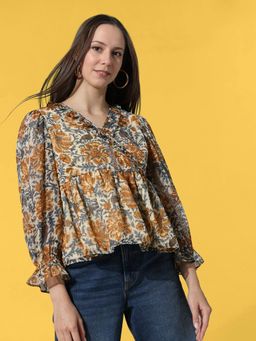 ONLY - Beige Chiffon Floral Flounce Top