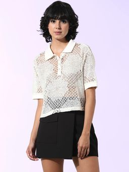 ONLY - White Crochet Polo T-Shirt