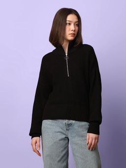 ONLY - Solid Regular Fit Casual Black Pullover Sweater