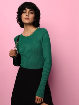ONLY - Women Solid Viscose Blend Green Pullover Sweater