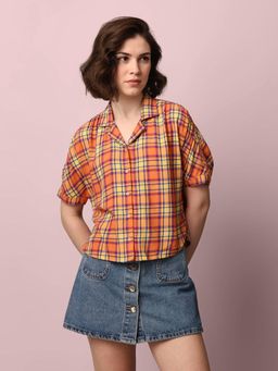 ONLY - Women Checked Regular Fit Orange Collar Shirt