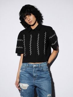 ONLY - Women Embroidered Polyester Blend Boxy Fit Black Shirt