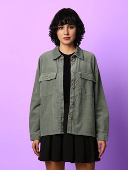 ONLY - Women Solid Relaxed Fit Casual Spread Collar Olive Shacket